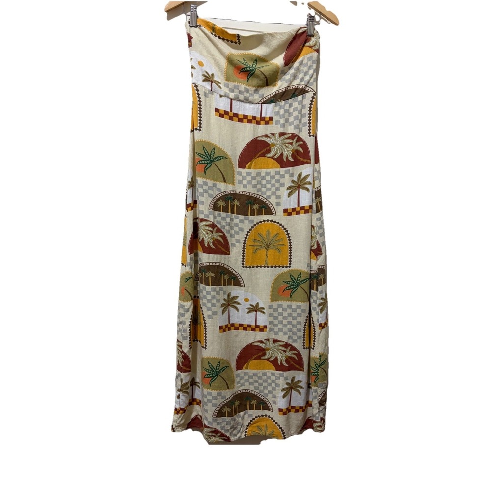 Paper Heart Women Strapless Tropical Palm Tree Print Linen‎ Blend Maxi Dress M